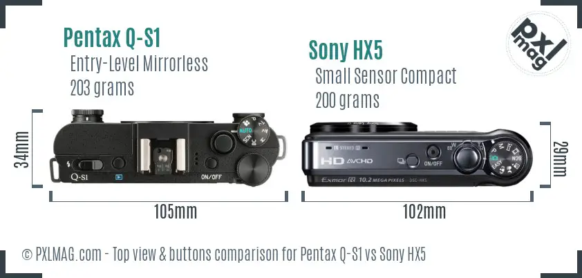 Pentax Q-S1 vs Sony HX5 top view buttons comparison Pentax Q-S1 vs Sony HX5 top view buttons comparison