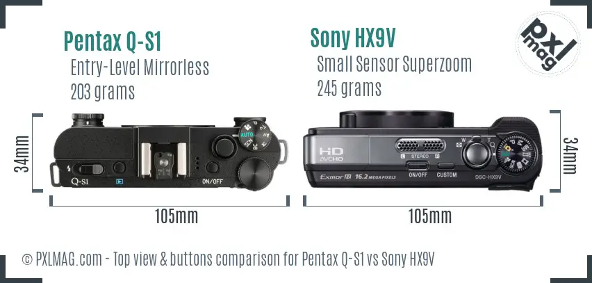 Pentax Q-S1 vs Sony HX9V top view buttons comparison