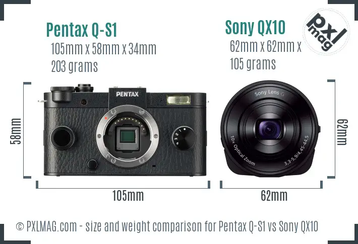 Pentax Q-S1 vs Sony QX10 size comparison