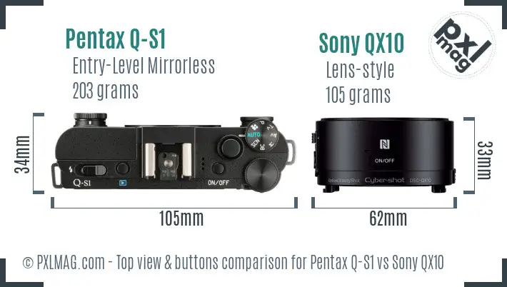 Pentax Q-S1 vs Sony QX10 top view buttons comparison