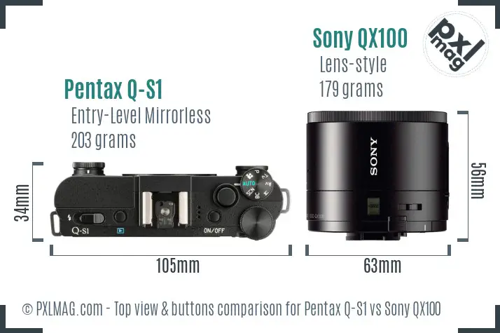 Pentax Q-S1 vs Sony QX100 top view buttons comparison