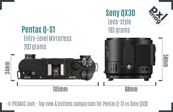 Pentax Q-S1 vs Sony QX30 top view buttons comparison