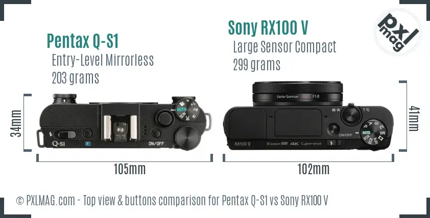 Pentax Q-S1 vs Sony RX100 V top view buttons comparison