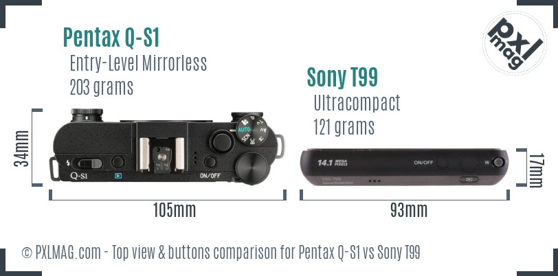Pentax Q-S1 vs Sony T99 top view buttons comparison