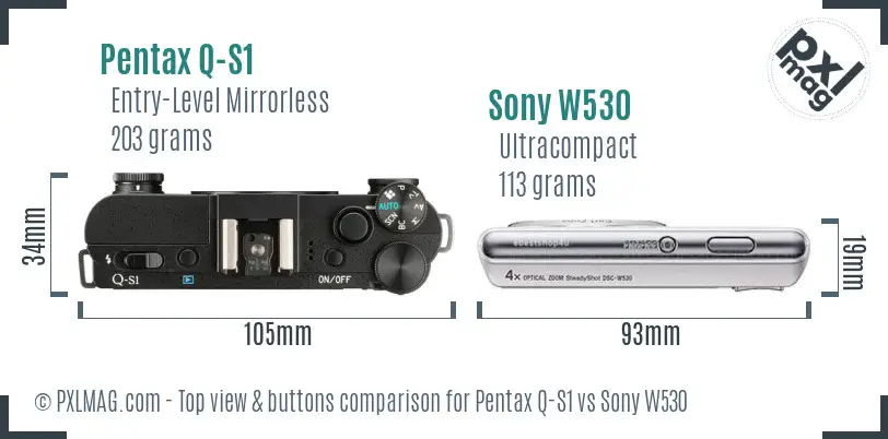 Pentax Q-S1 vs Sony W530 top view buttons comparison