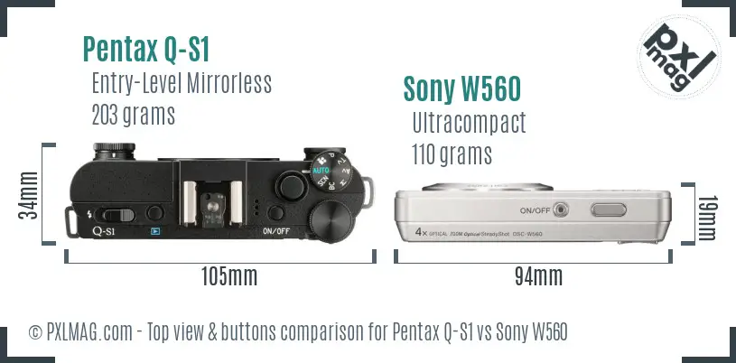 Pentax Q-S1 vs Sony W560 top view buttons comparison