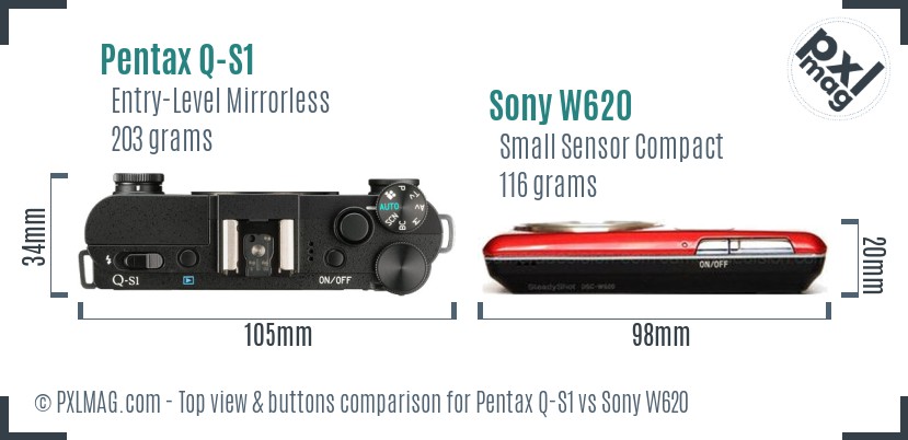 Pentax Q-S1 vs Sony W620 top view buttons comparison