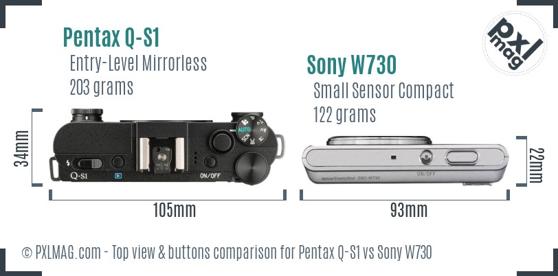 Pentax Q-S1 vs Sony W730 top view buttons comparison