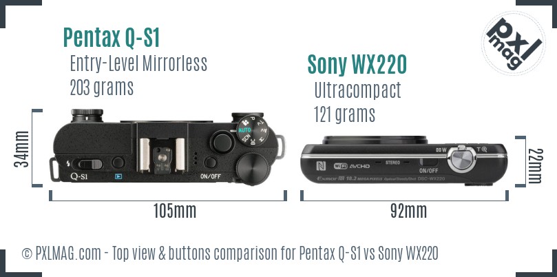Pentax Q-S1 vs Sony WX220 top view buttons comparison