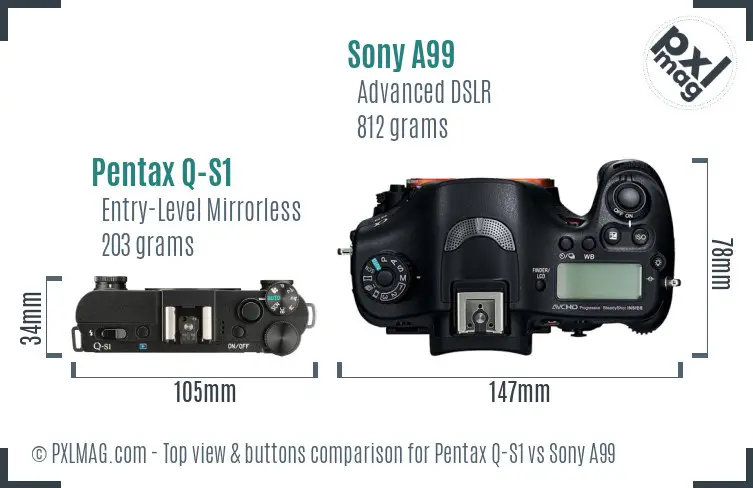 Pentax Q-S1 vs Sony A99 top view buttons comparison