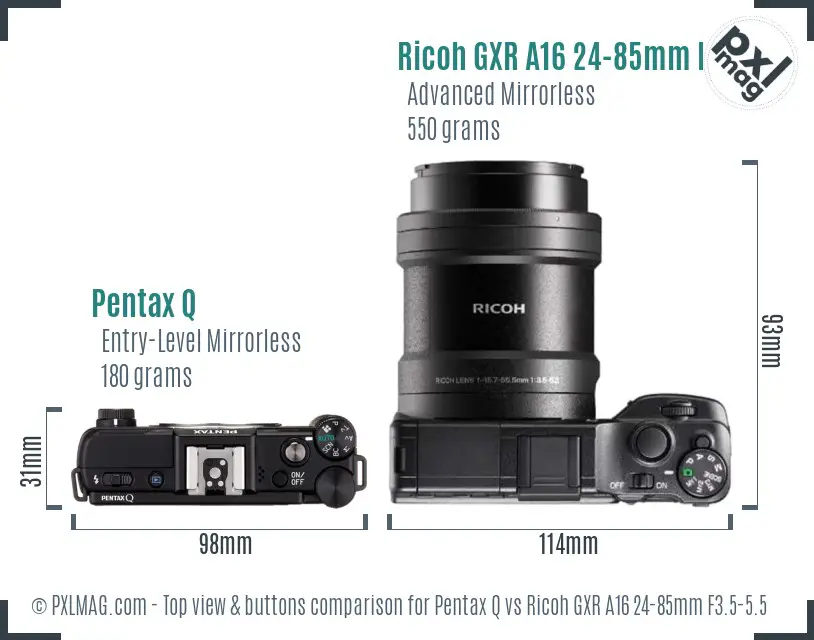 Pentax Q vs Ricoh GXR A16 24-85mm F3.5-5.5 top view buttons comparison