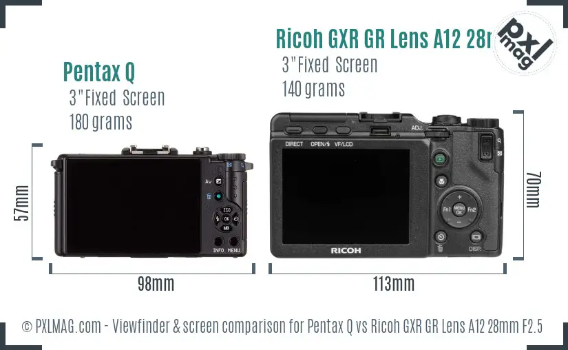 Pentax Q vs Ricoh GXR GR Lens A12 28mm F2.5 Screen and Viewfinder comparison