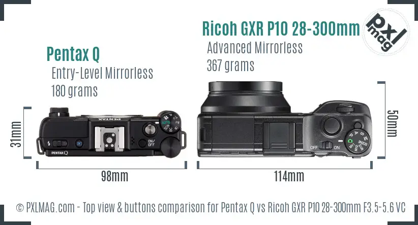 Pentax Q vs Ricoh GXR P10 28-300mm F3.5-5.6 VC top view buttons comparison