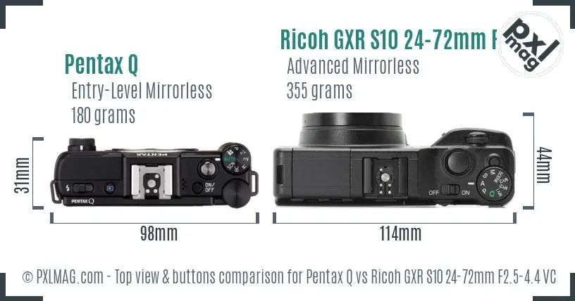 Pentax Q vs Ricoh GXR S10 24-72mm F2.5-4.4 VC top view buttons comparison Pentax Q vs Ricoh GXR S10 24-72mm F2.5-4.4 VC top view buttons comparison