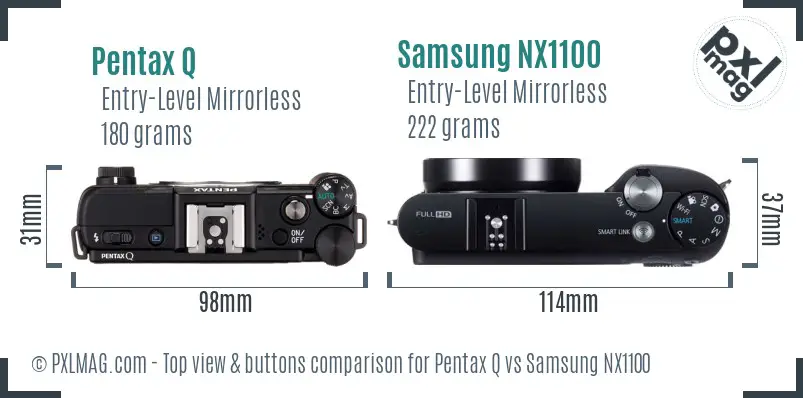 Pentax Q vs Samsung NX1100 top view buttons comparison