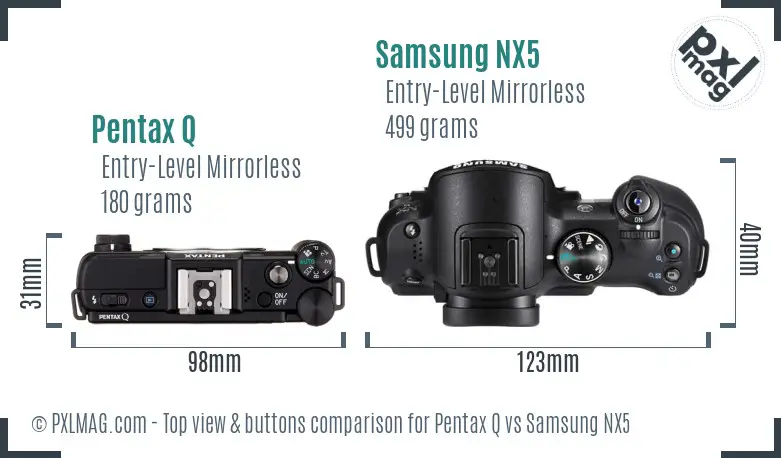 Pentax Q vs Samsung NX5 top view buttons comparison Pentax Q vs Samsung NX5 top view buttons comparison