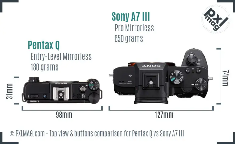 Pentax Q vs Sony A7 III top view buttons comparison