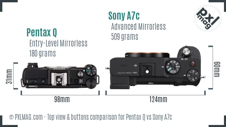 Pentax Q vs Sony A7c top view buttons comparison