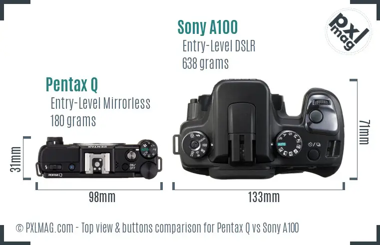 Pentax Q vs Sony A100 top view buttons comparison Pentax Q vs Sony A100 top view buttons comparison