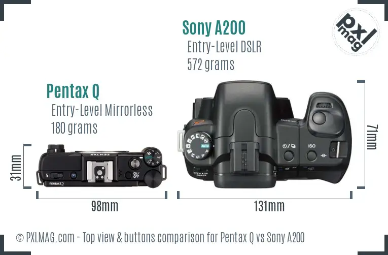 Pentax Q vs Sony A200 top view buttons comparison