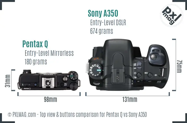 Pentax Q vs Sony A350 top view buttons comparison
