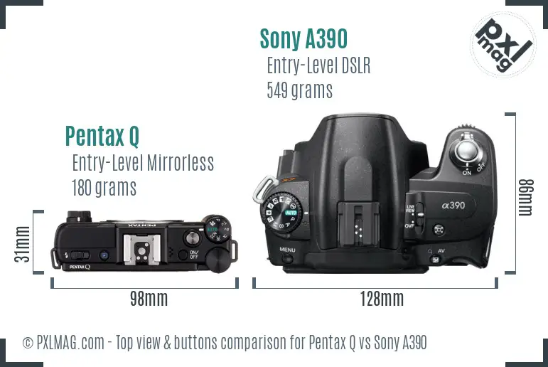 Pentax Q vs Sony A390 top view buttons comparison