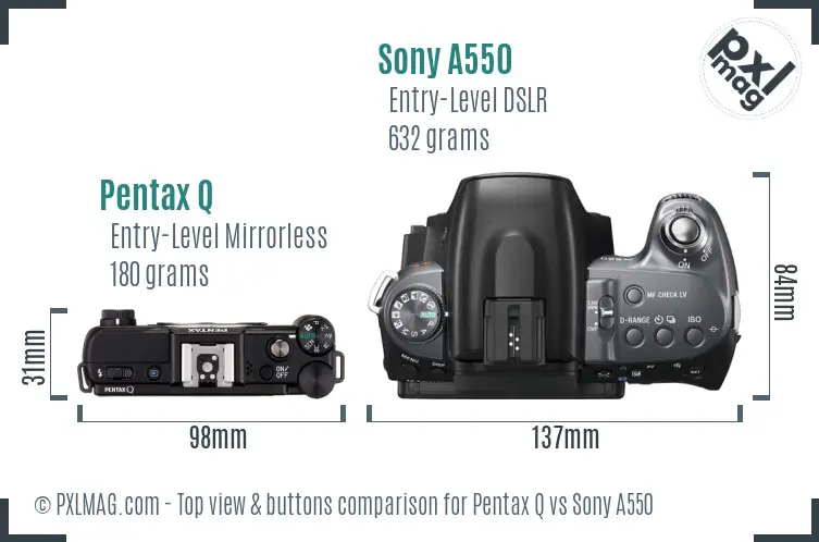 Pentax Q vs Sony A550 top view buttons comparison