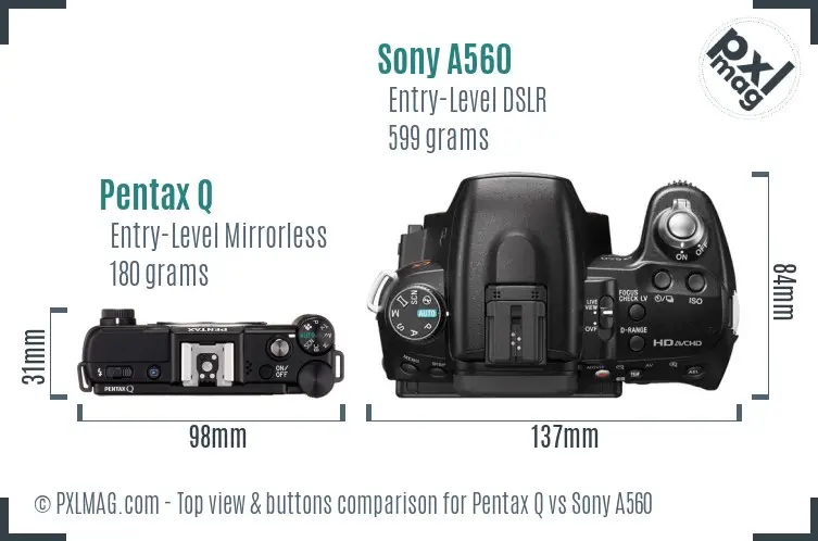 Pentax Q vs Sony A560 top view buttons comparison Pentax Q vs Sony A560 top view buttons comparison