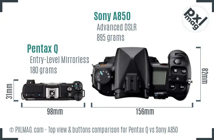 Pentax Q vs Sony A850 top view buttons comparison