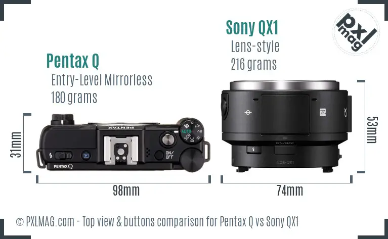Pentax Q vs Sony QX1 top view buttons comparison