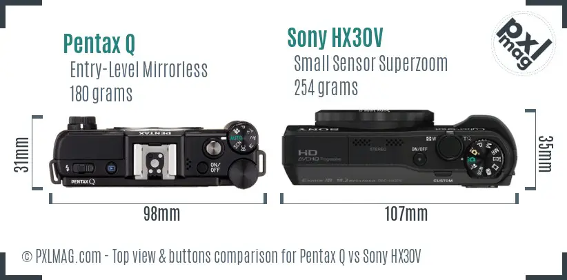 Pentax Q vs Sony HX30V top view buttons comparison Pentax Q vs Sony HX30V top view buttons comparison