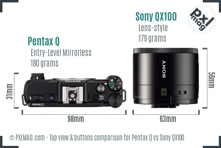 Pentax Q vs Sony QX100 top view buttons comparison