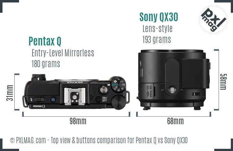 Pentax Q vs Sony QX30 top view buttons comparison Pentax Q vs Sony QX30 top view buttons comparison