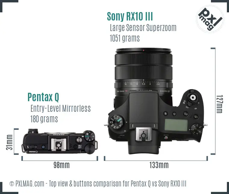Pentax Q vs Sony RX10 III top view buttons comparison Pentax Q vs Sony RX10 III top view buttons comparison
