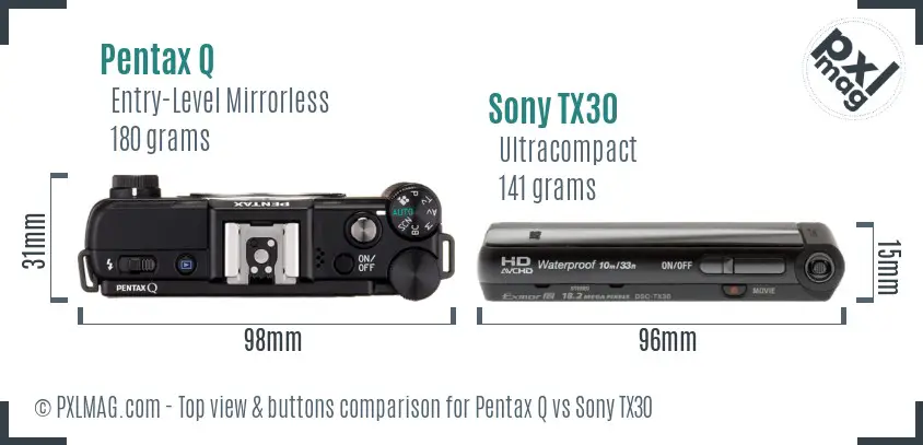 Pentax Q vs Sony TX30 top view buttons comparison