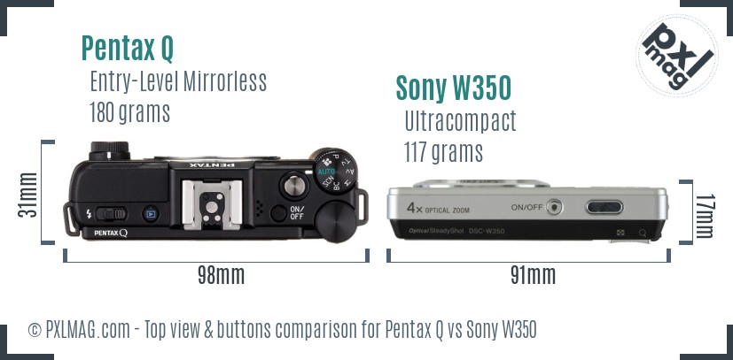 Pentax Q vs Sony W350 top view buttons comparison