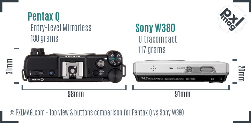 Pentax Q vs Sony W380 top view buttons comparison
