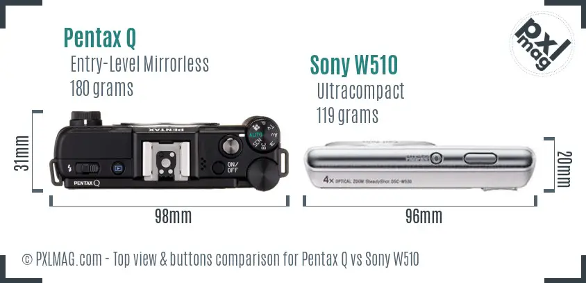 Pentax Q vs Sony W510 top view buttons comparison