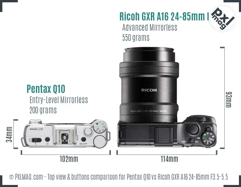 Pentax Q10 vs Ricoh GXR A16 24-85mm F3.5-5.5 top view buttons comparison