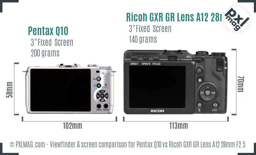 Pentax Q10 vs Ricoh GXR GR Lens A12 28mm F2.5 Screen and Viewfinder comparison