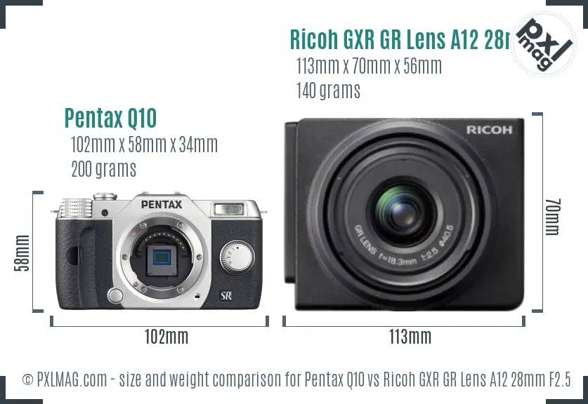 Pentax Q10 vs Ricoh GXR GR Lens A12 28mm F2.5 size comparison