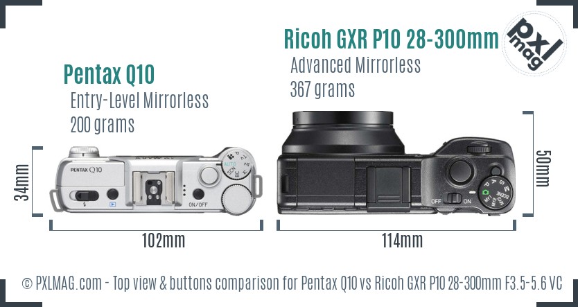 Pentax Q10 vs Ricoh GXR P10 28-300mm F3.5-5.6 VC top view buttons comparison