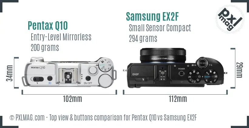 Pentax Q10 vs Samsung EX2F top view buttons comparison Pentax Q10 vs Samsung EX2F top view buttons comparison