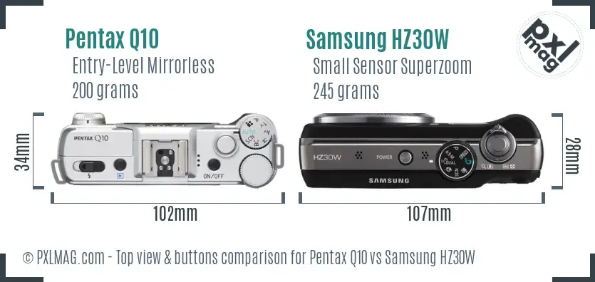 Pentax Q10 vs Samsung HZ30W top view buttons comparison