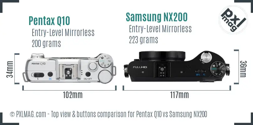 Pentax Q10 vs Samsung NX200 top view buttons comparison