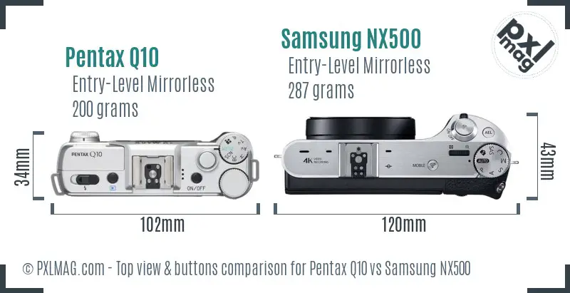 Pentax Q10 vs Samsung NX500 top view buttons comparison