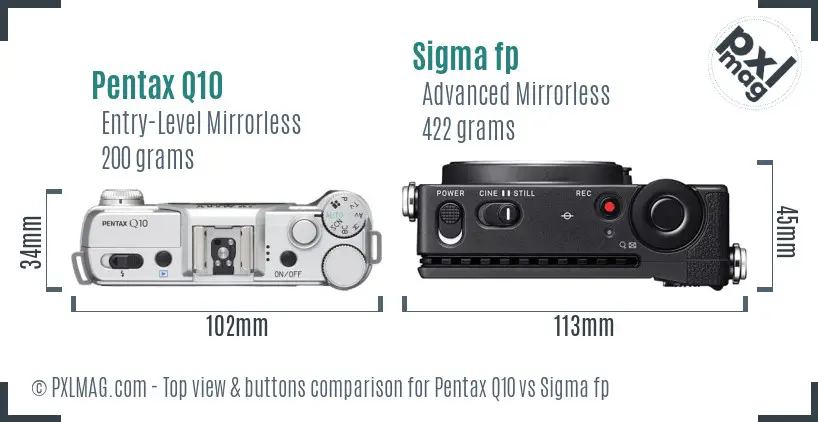 Pentax Q10 vs Sigma fp top view buttons comparison