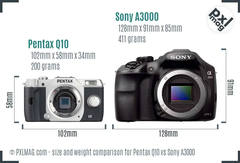 Pentax Q10 vs Sony A3000 size comparison
