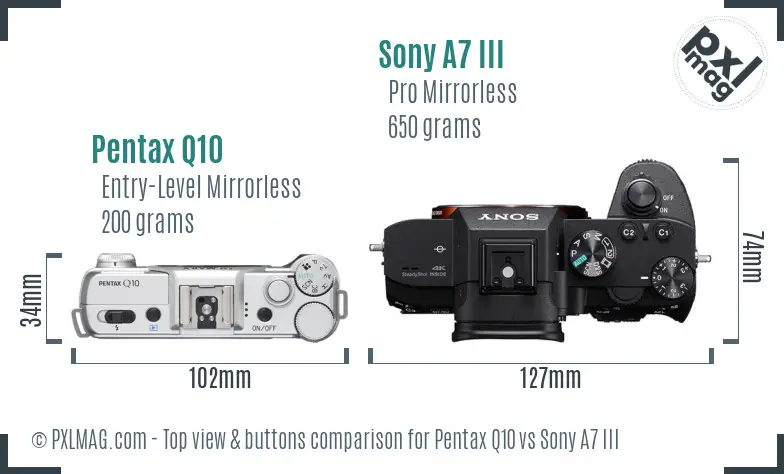 Pentax Q10 vs Sony A7 III top view buttons comparison