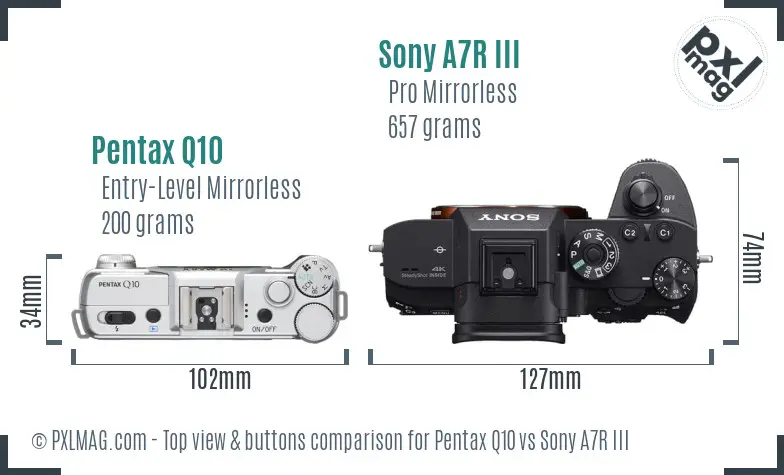 Pentax Q10 vs Sony A7R III top view buttons comparison